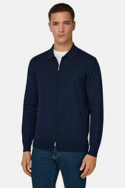 Maglia Full Zip In Cotone, Navy, thumb, 1