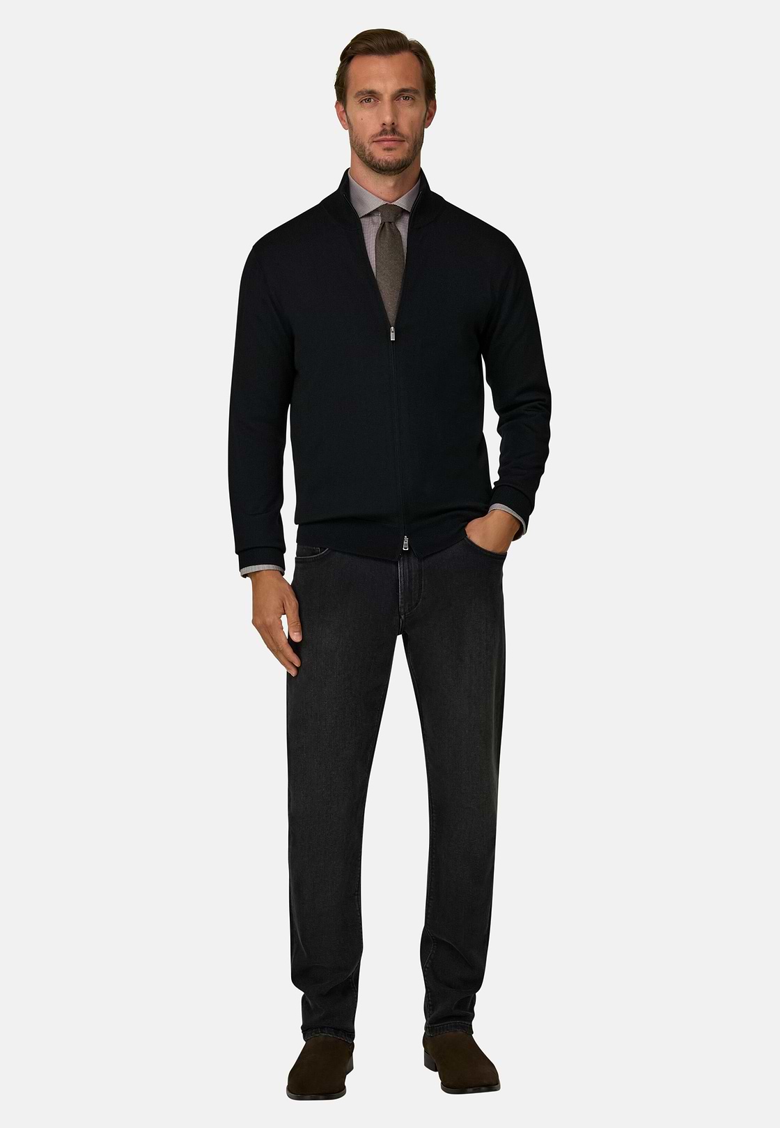 Full-Zip-Pullover aus extrafeiner Merinowolle, Schwarz, hi-res, 2