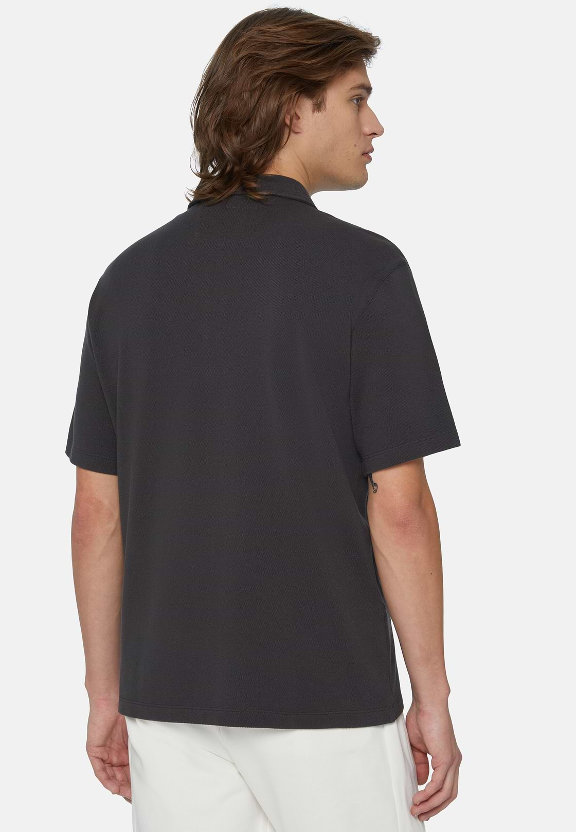 Organic Cotton Blend Piqué Polo Shirt, Black, hi-res