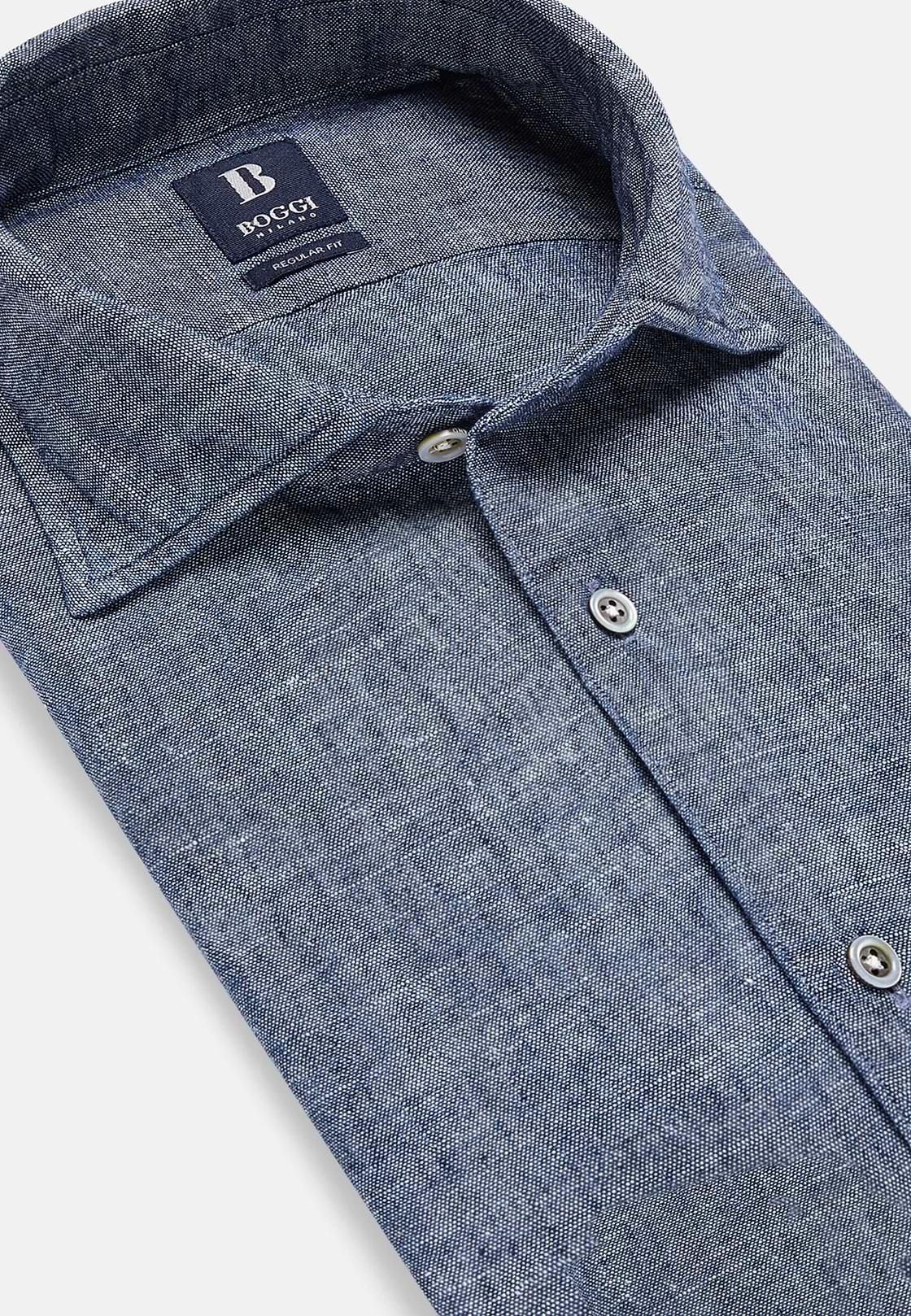 Regular Fit Cotton and Linen Denim Shirt, Medium Blue, hi-res