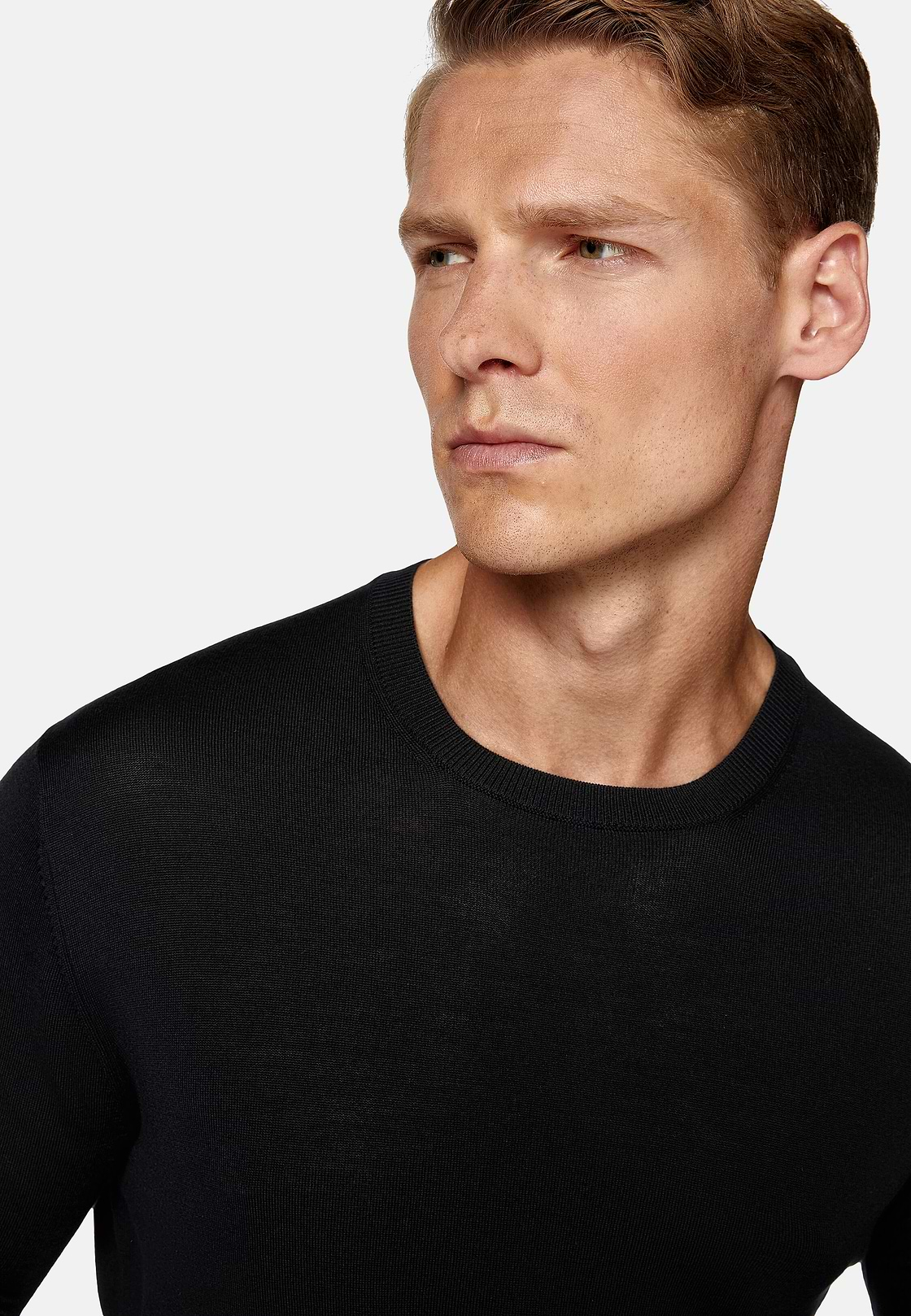 Black Crew Neck Jumper in Superfine Merino Wool, Black, hi-res