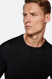 Black Crew Neck Jumper in Superfine Merino Wool, Black, hi-res