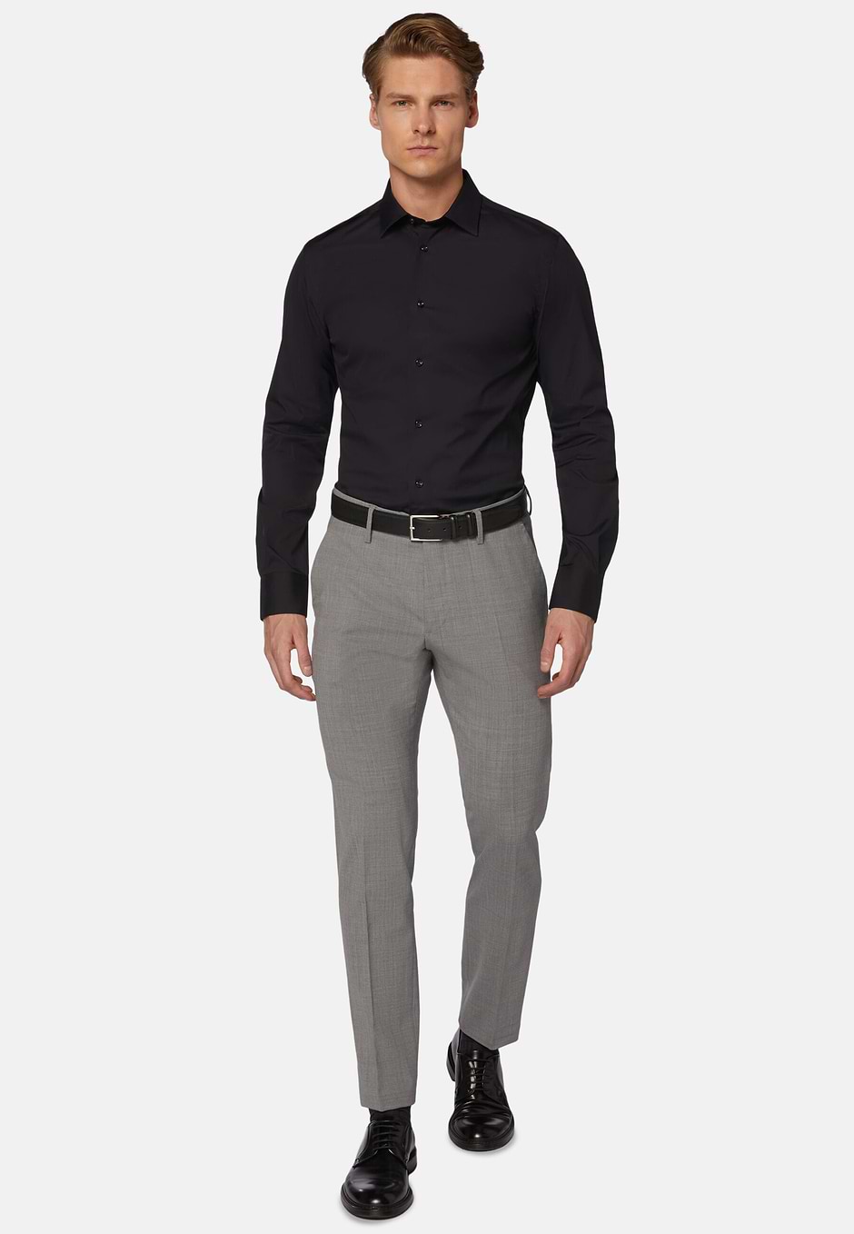 Slim Fit Black Shirt in Stretch Cotton, Navy blue, hi-res