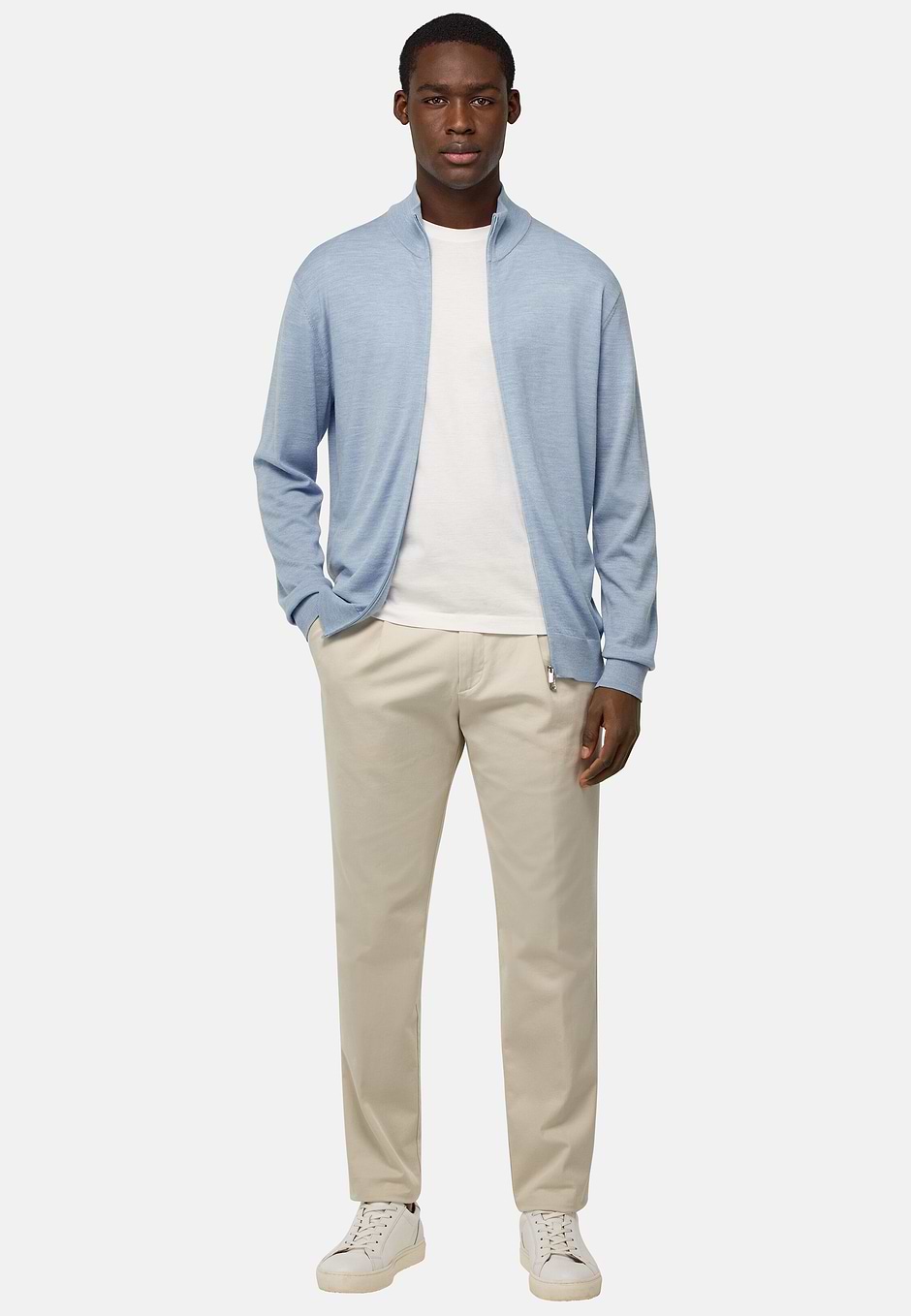 Merino Wool Full Zip Jumper, Light Blue, hi-res