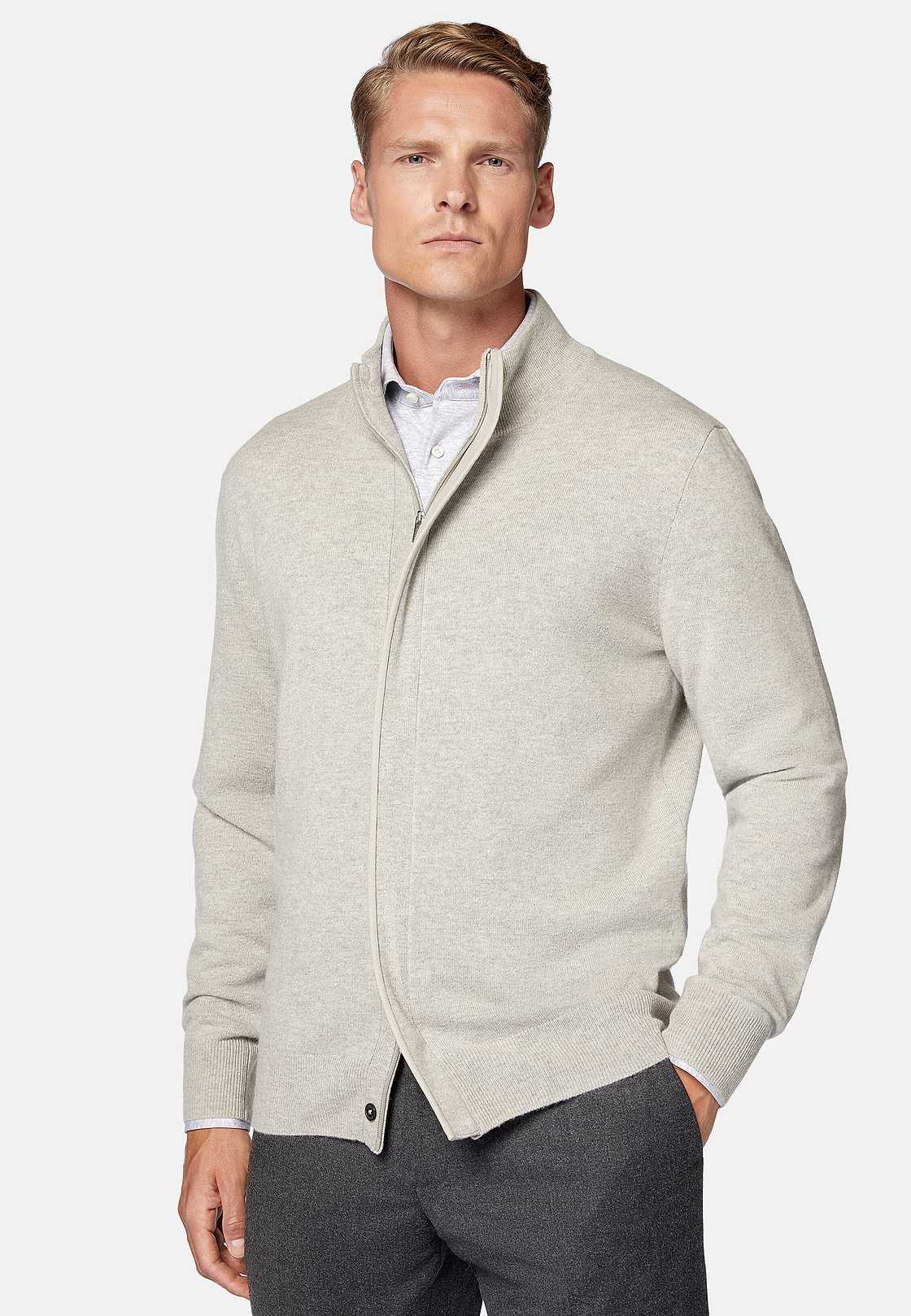 Pull Full Zip Sable En Laine Cachemire, Sable, hi-res