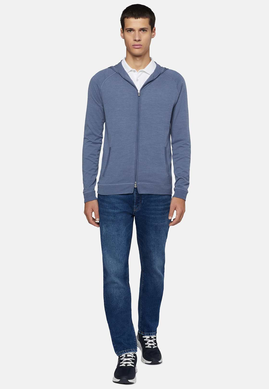 Indigo Full Zip Hooded Jumper In Merino Wool, Indigo, hi-res