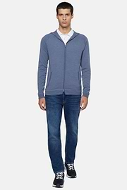 Indigo Full Zip Hooded Jumper In Merino Wool, Indigo, hi-res