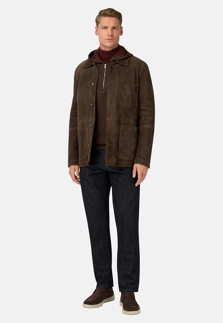 Genuine Leather Shirt Jacket, Brown, hi-res