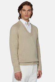 Beige V Neck Jumper In Organic Cotton, Beige, hi-res