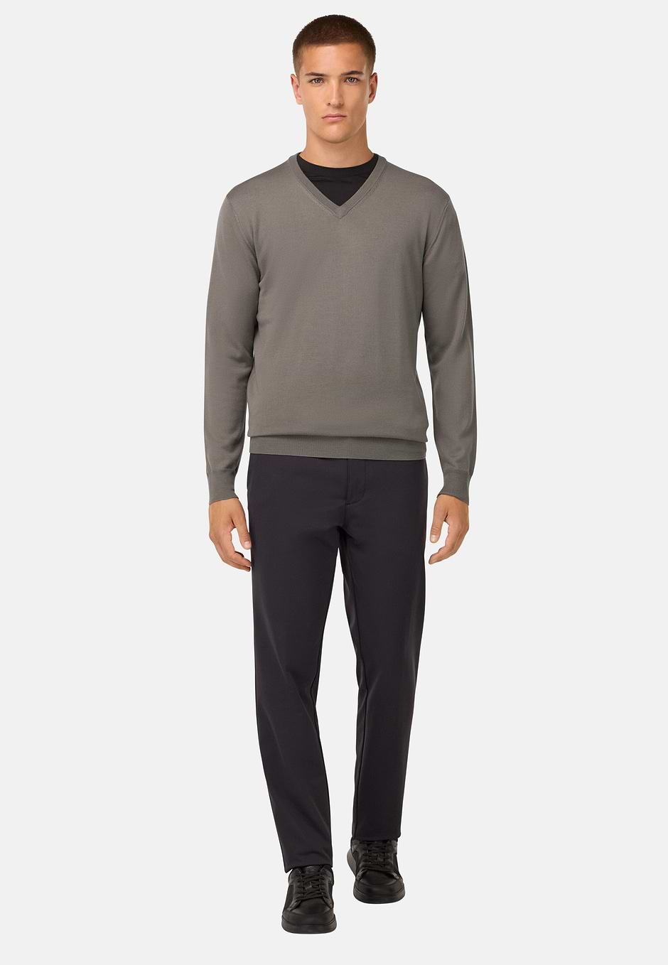 Merino Wool V-Neck Jumper, Taupe, hi-res