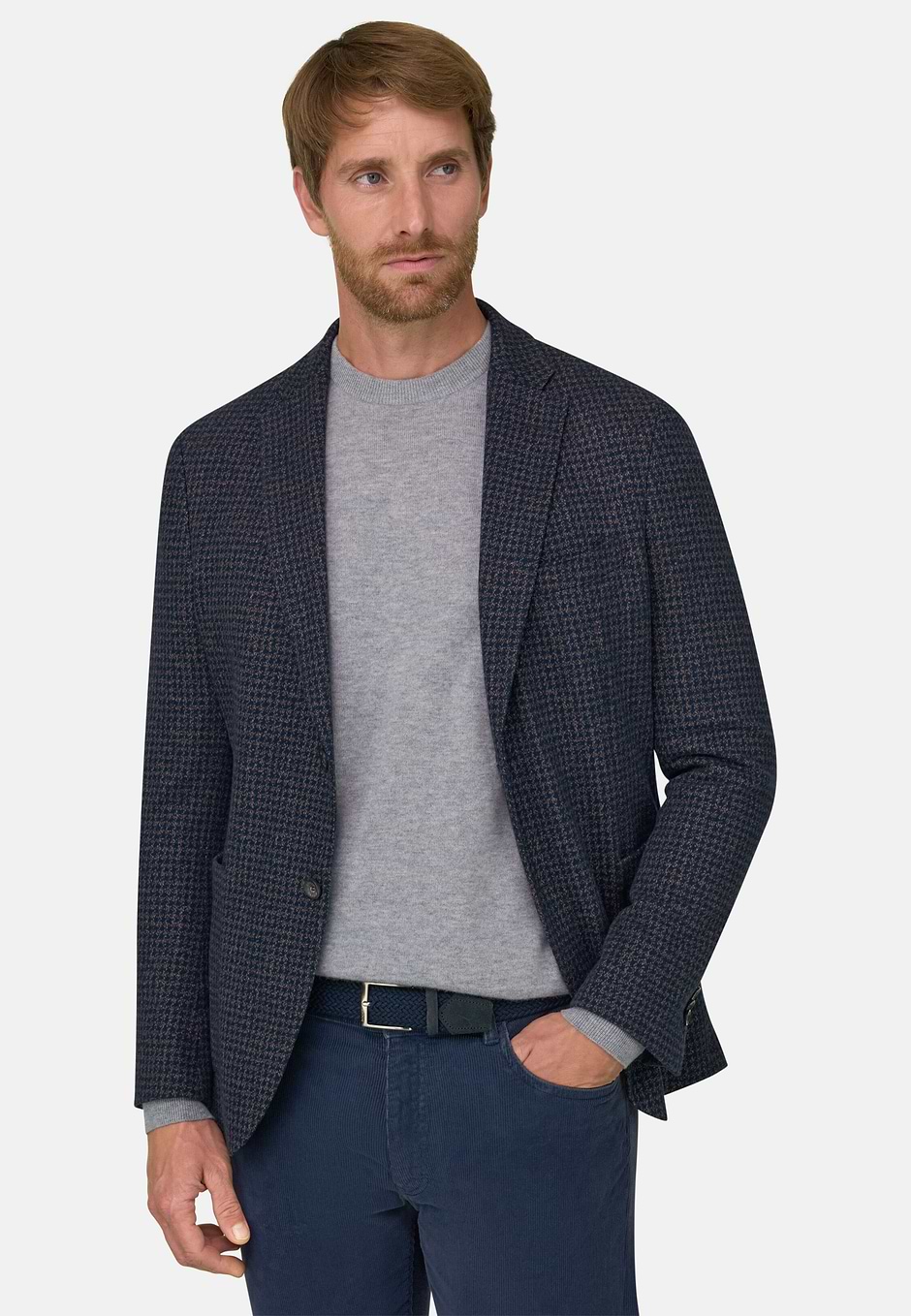 Chaqueta Pata de Gallo en Mezcla de Algodón B Jersey, Azul  Marino, hi-res