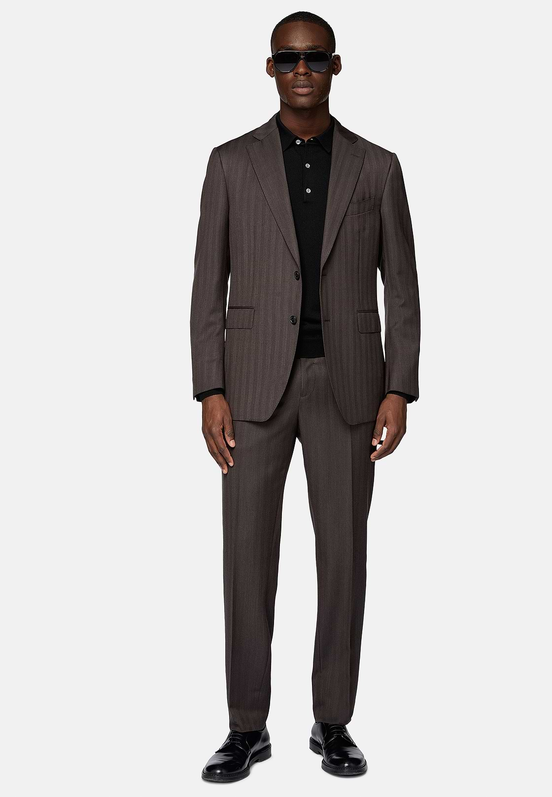 Dark Brown Herringbone Suit In Pure Super 130 Wool, Brown, hi-res