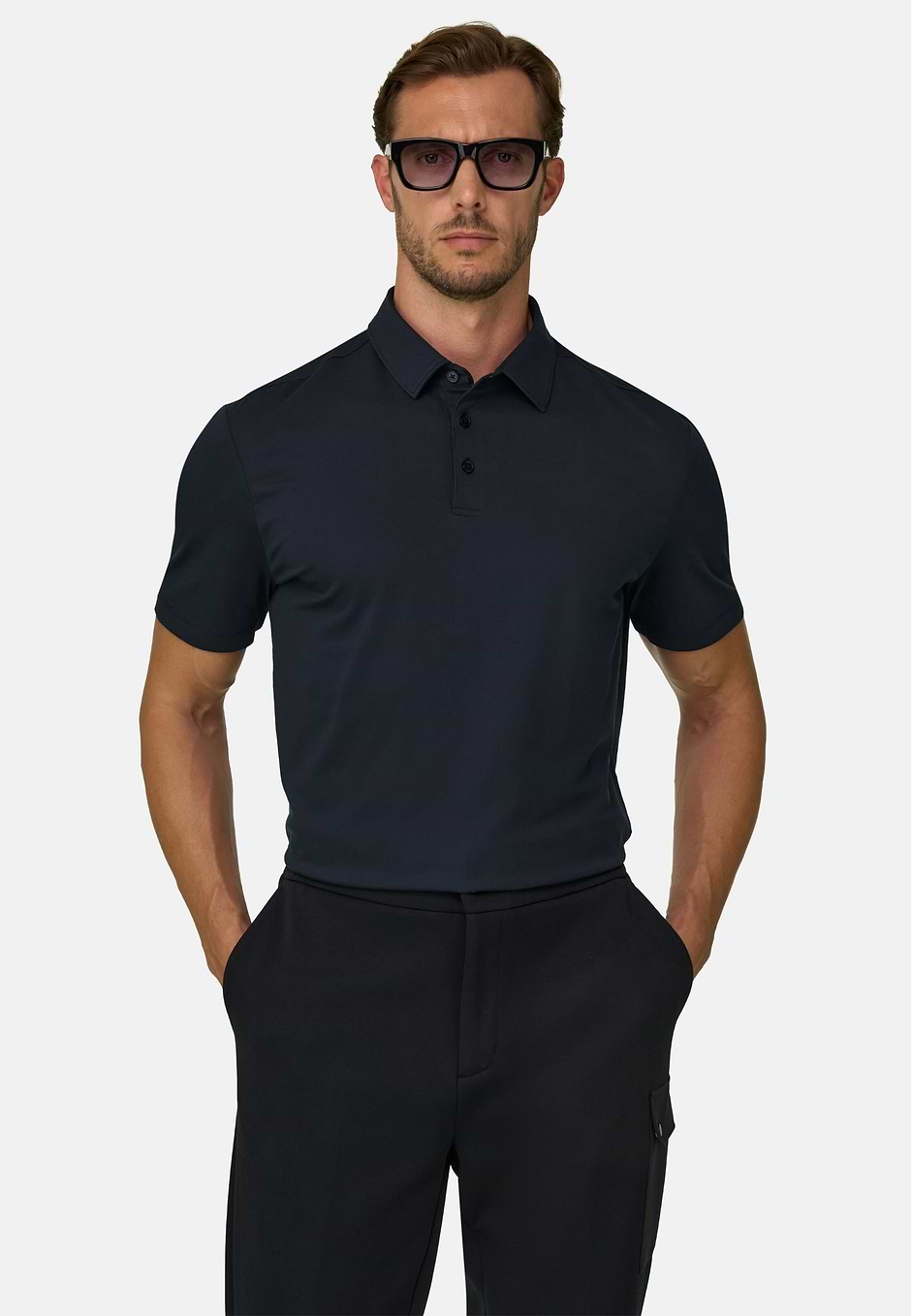 Polo in Stretch Supima Cotton Jersey, Black, hi-res