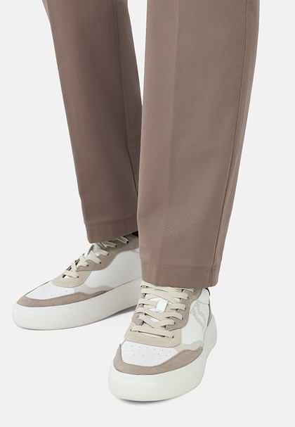 Leather Trainers with Macro Logo, Taupe, hi-res