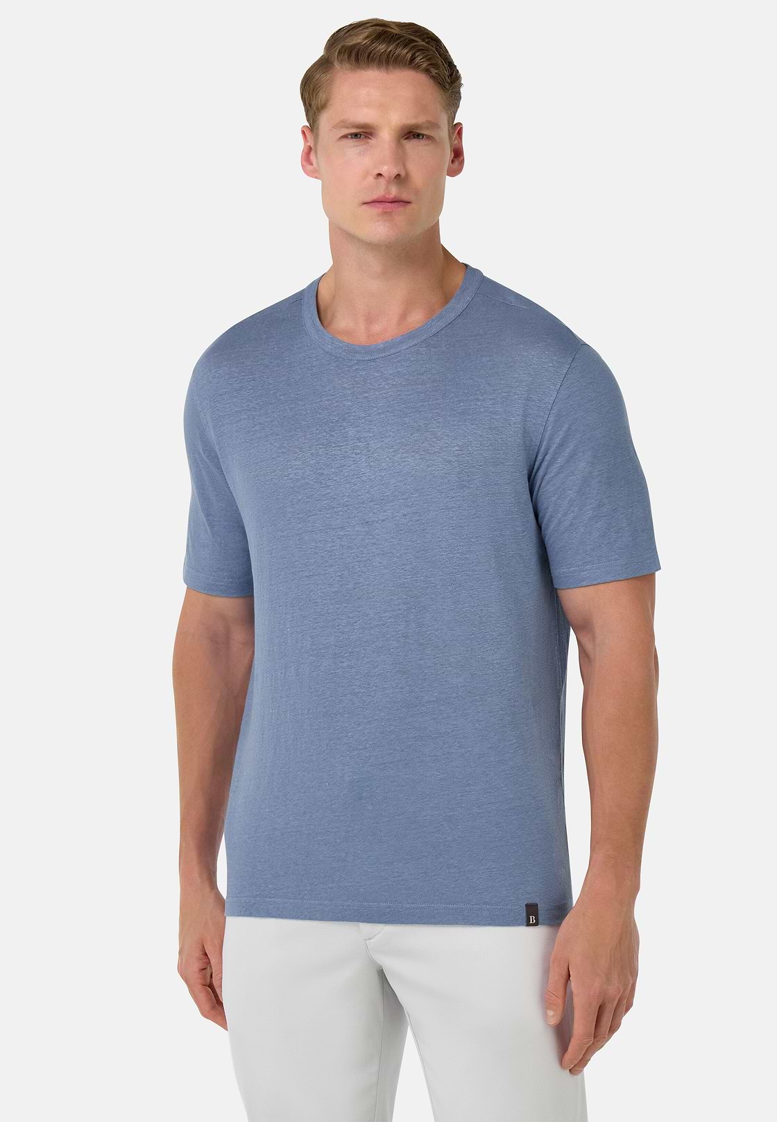 T-Shirt in Stretch Linen Jersey, Indigo, hi-res