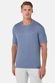 T-Shirt in Stretch Linen Jersey, Indigo, hi-res