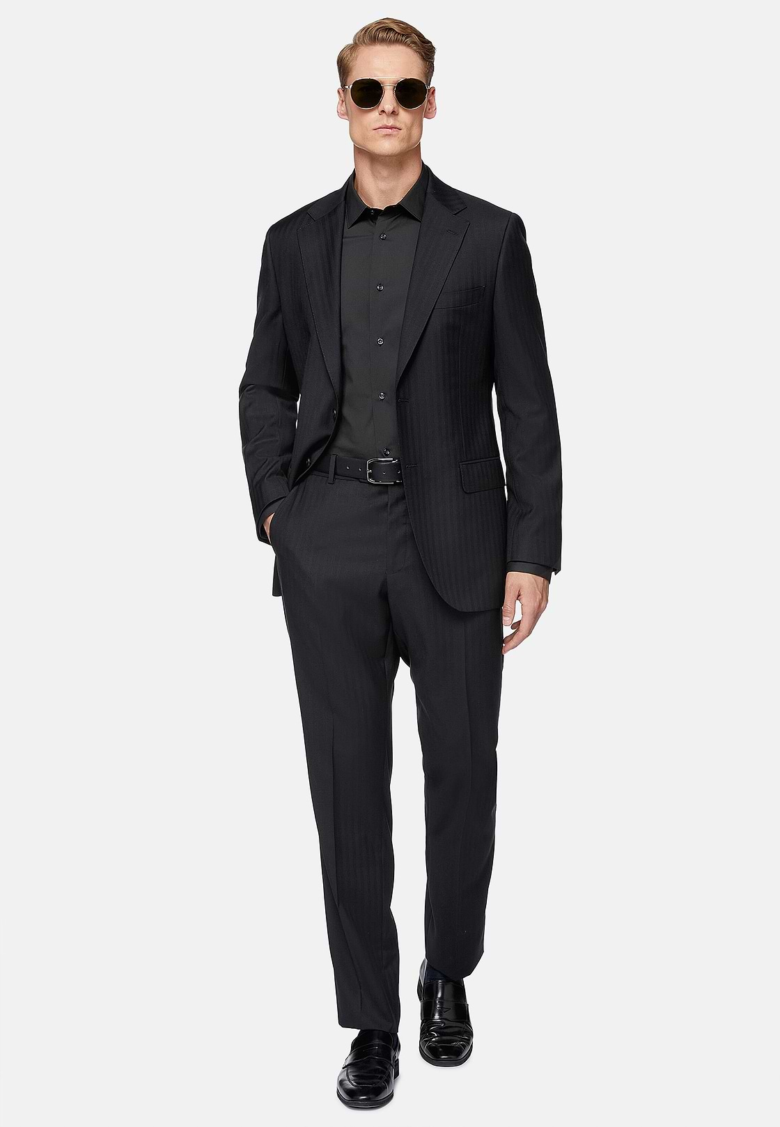 Black Herringbone Suit In Pure Wool, Black, hi-res