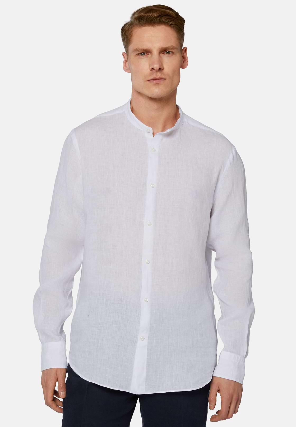 Chemise Col Mao en Lin, Blanc, hi-res