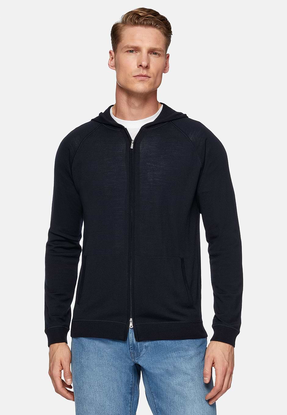 Full Zip Hooded Jumper in Superfine Merino Wool, Navy blue, hi-res