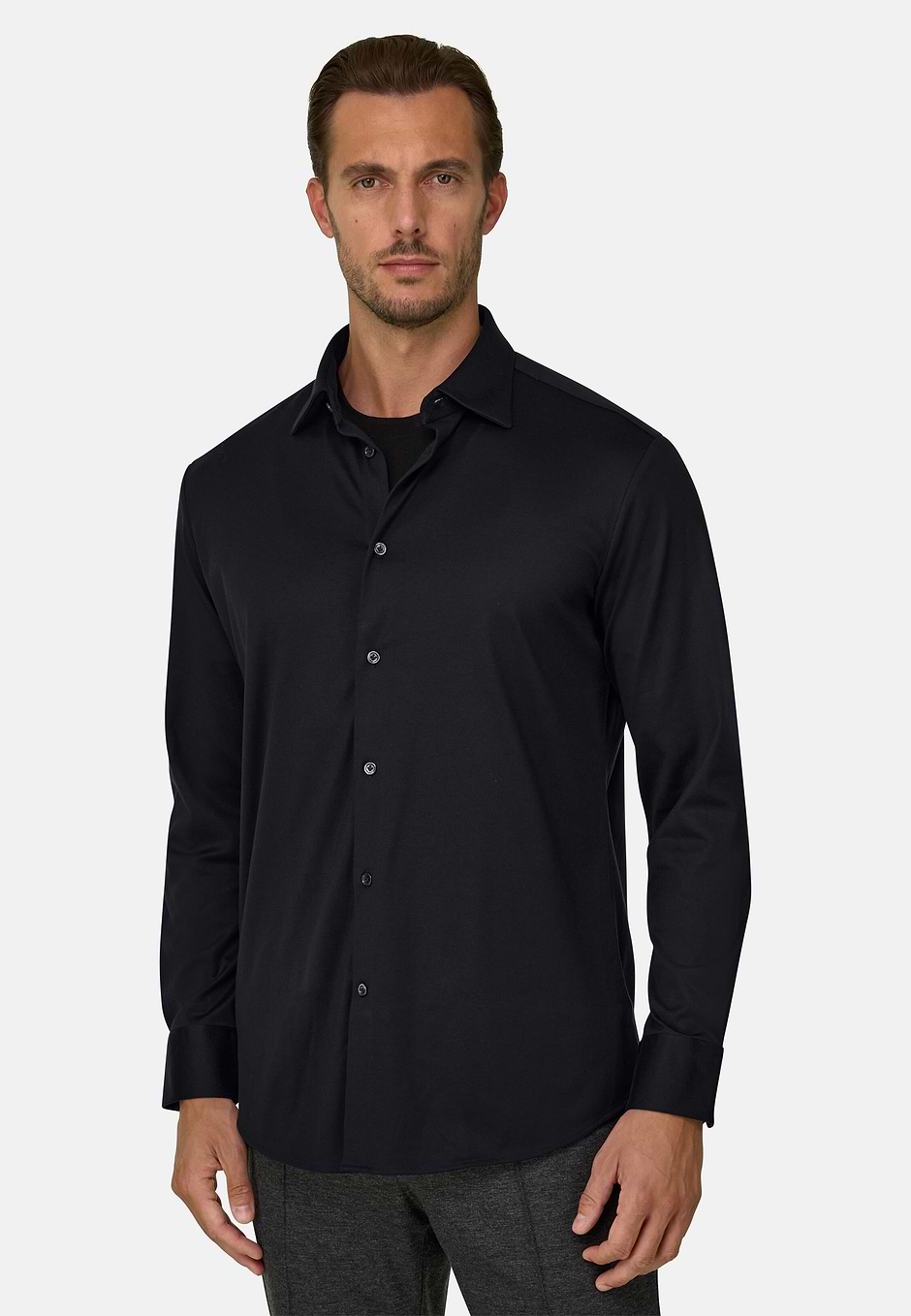Camisa Polo de Algodón y Seda Regular Fit, Negro, hi-res