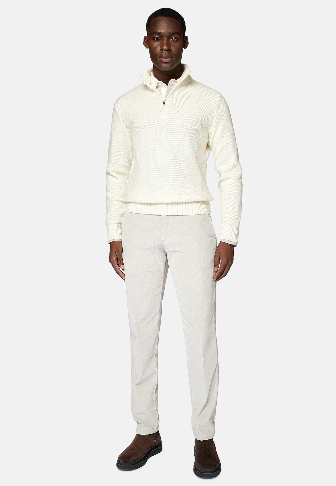 Pull Blanc Demi-Zip En Laine Nylon, Blanc, hi-res