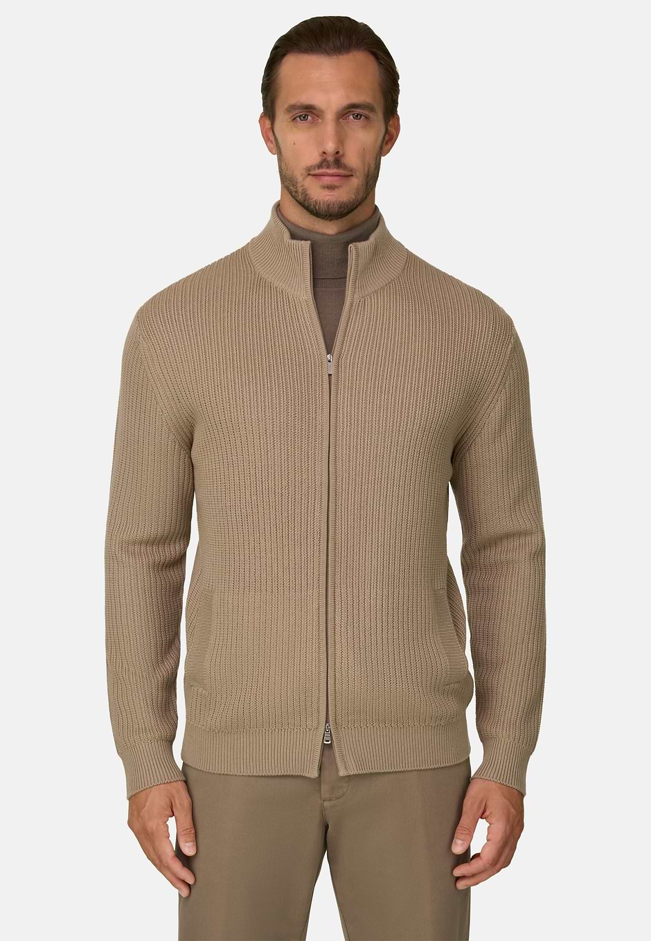 Cárdigan con Cremallera en Lana Merino, Beige, hi-res
