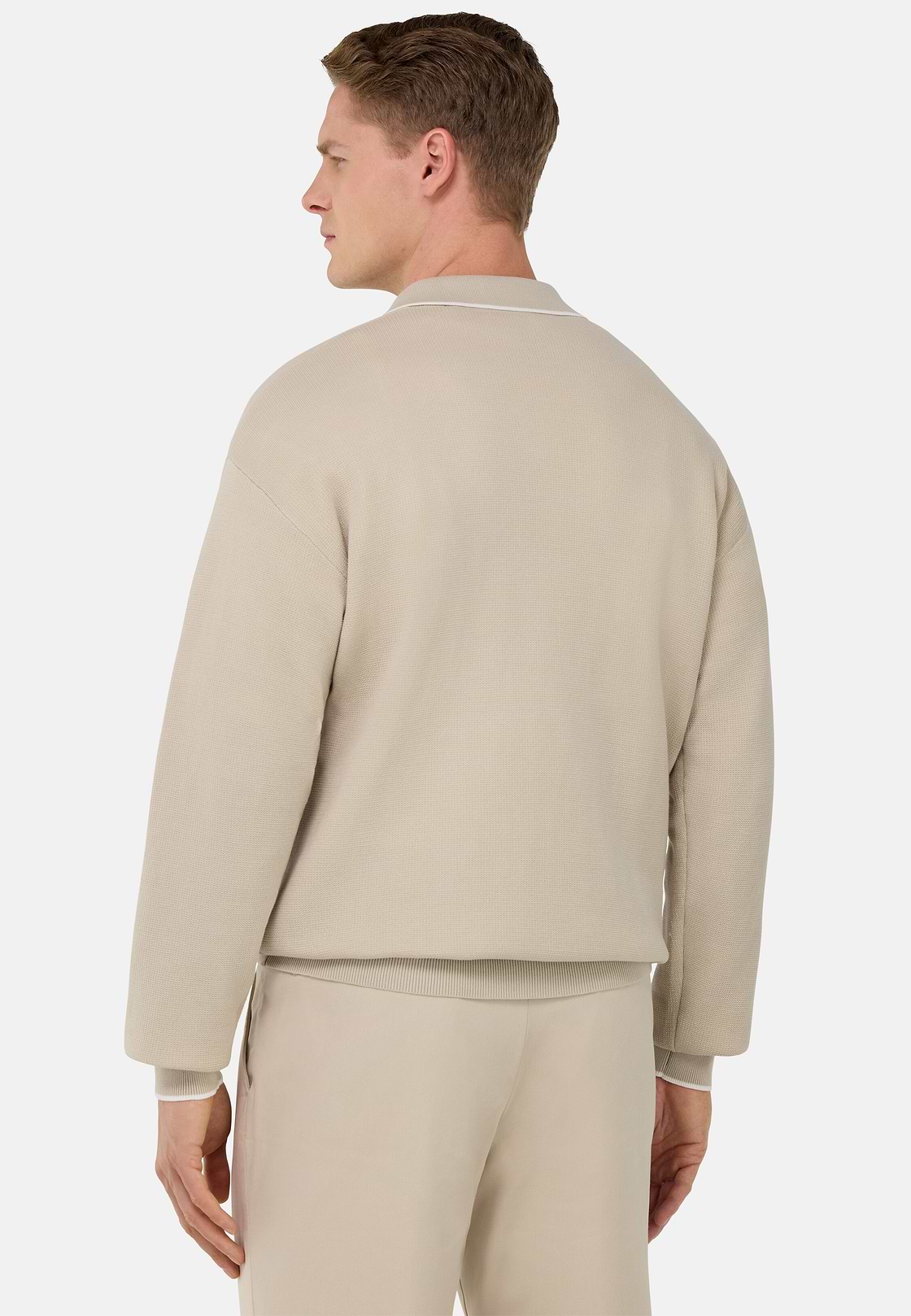 Open Neck Knitted Polo Shirt in a Cotton Blend, Sand, hi-res