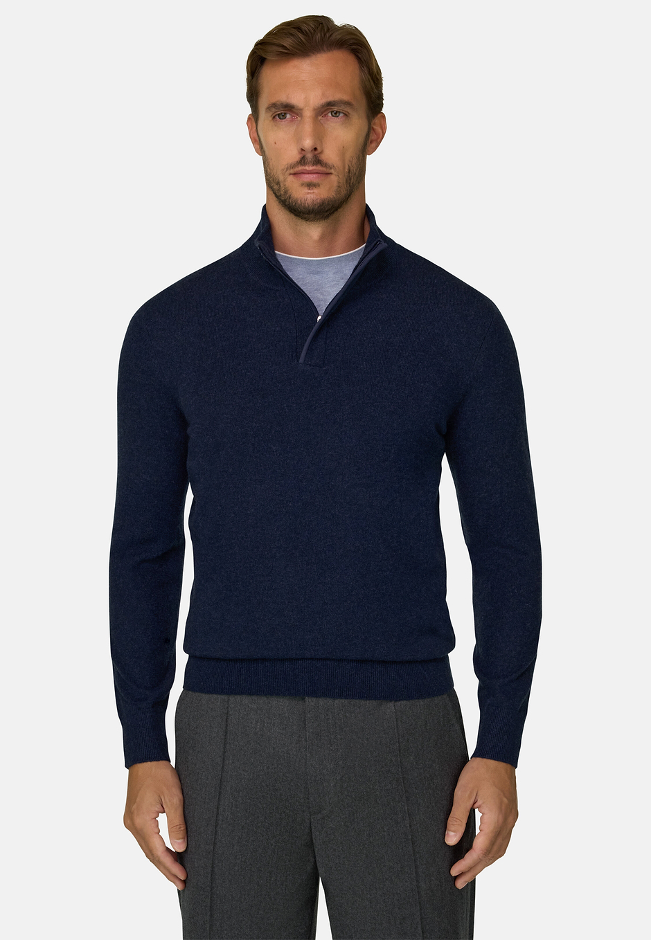 Roll Neck Jumper Quarter-Zip Wool Cashmere Mélange, Navy blue, hi-res