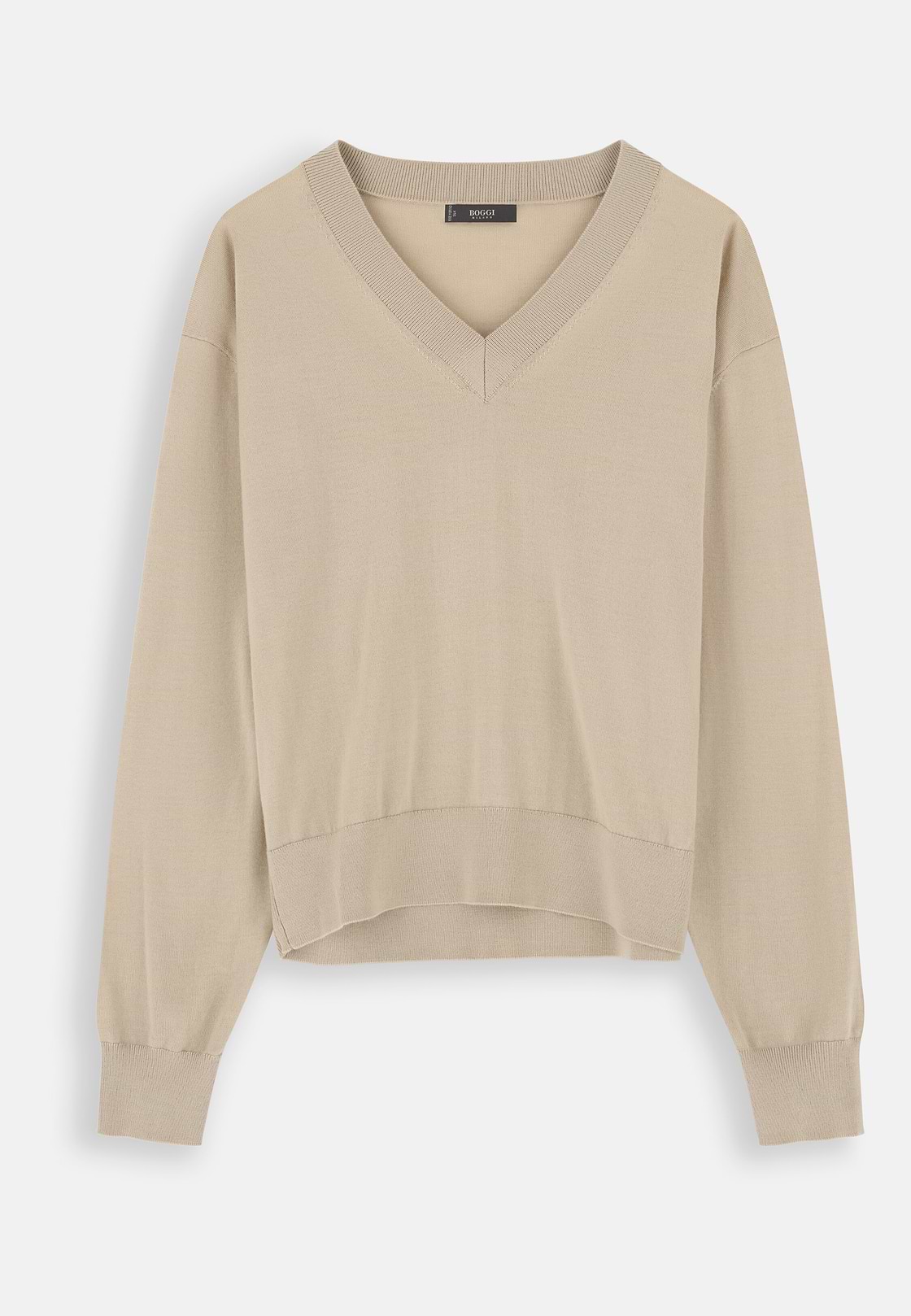 V-Neck Jumper in Merino Wool Silk, Sand, hi-res, 5