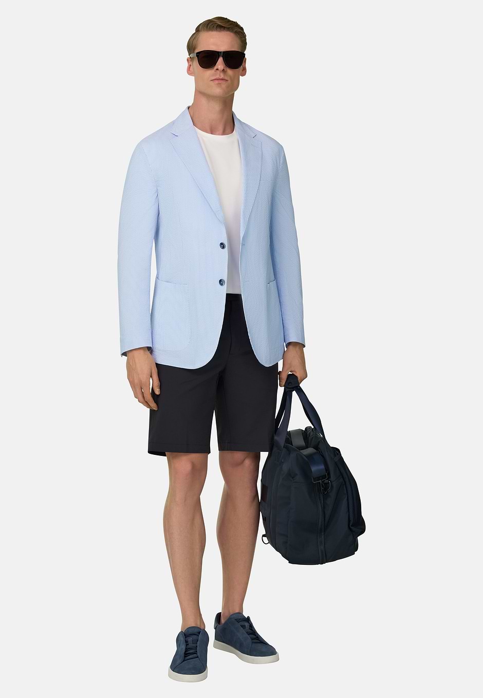 Super-Lightweight Fine Pinstripe Jacket in Stretch Cotton, Light Blue, hi-res