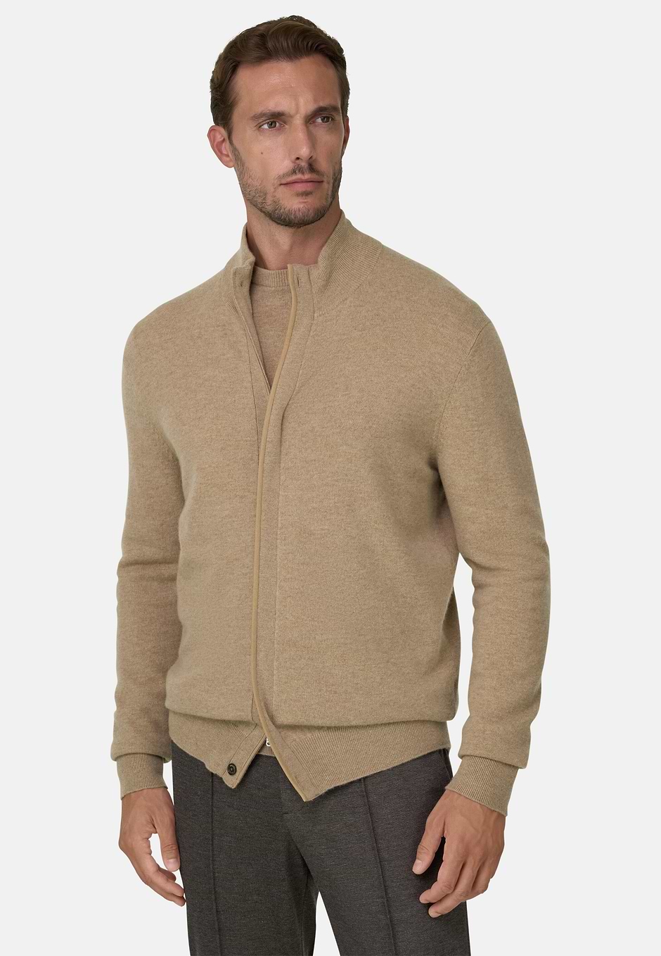 Pull à col montant fermeture Éclair intégrale laine cachemire mélange, CAML, hi-res