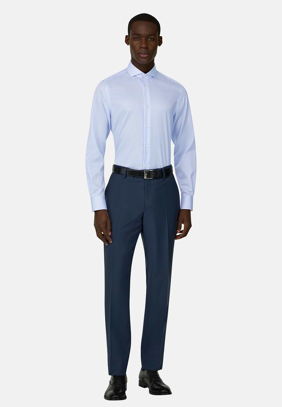 Camicia A Righe In Cotone Slim Fit, Azzurro, hi-res