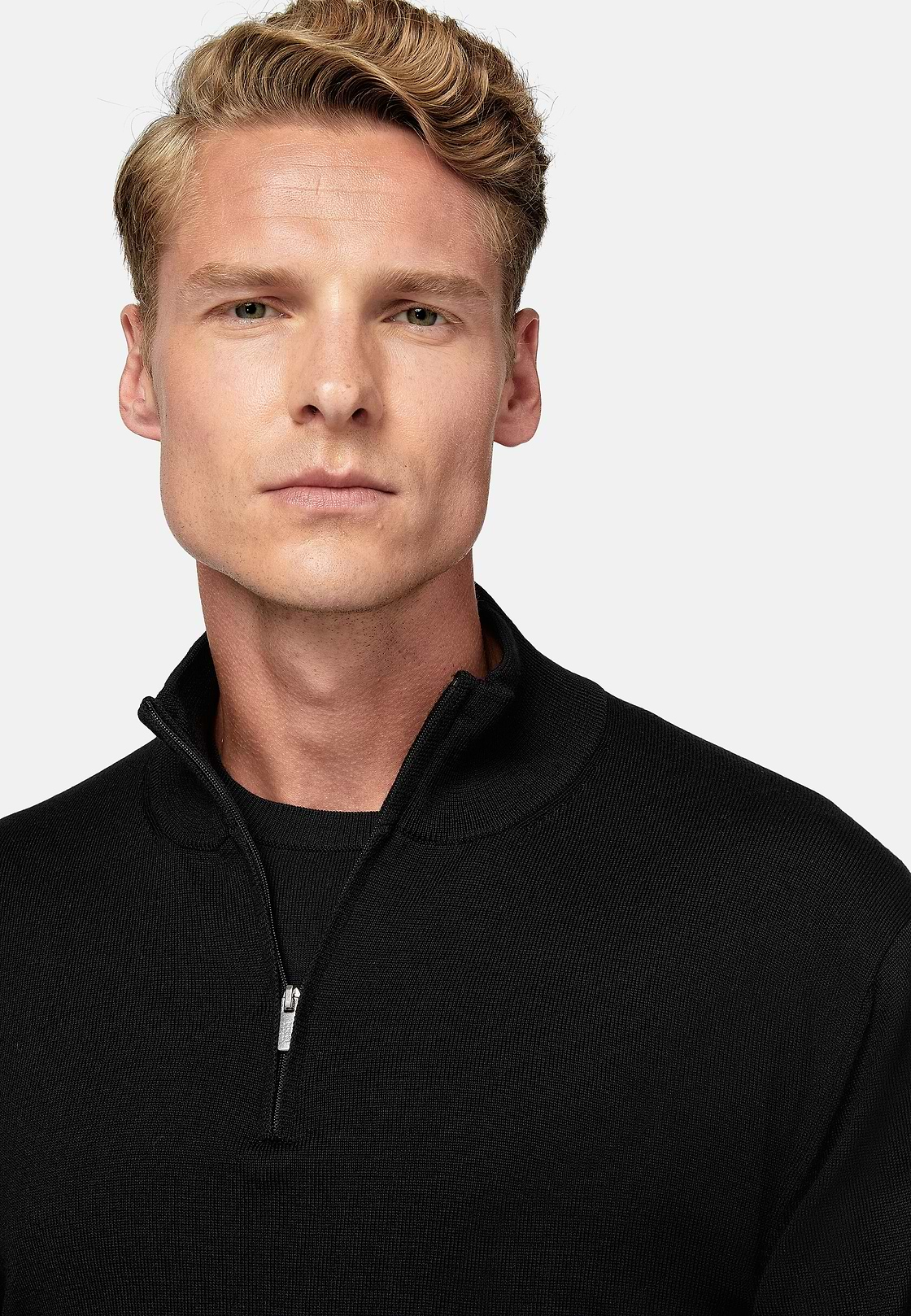 Maglia Mezza Zip Nera In Lana Merino, Nero, hi-res