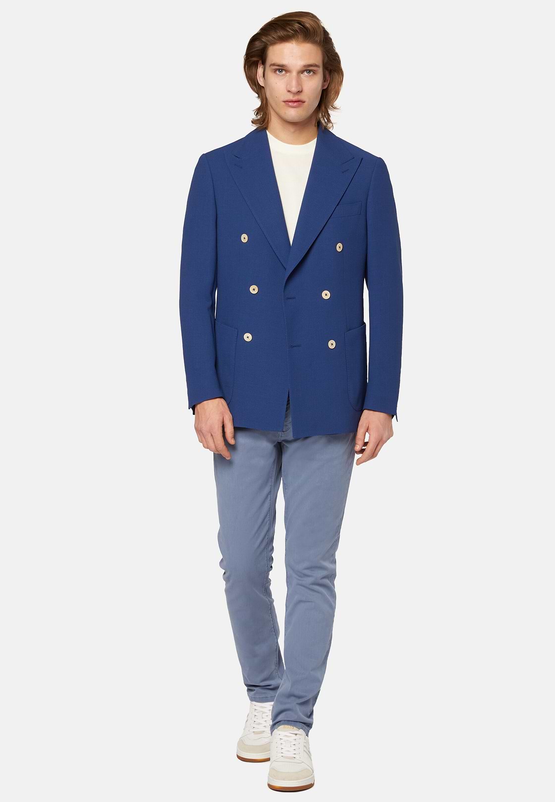 Blue Double-Breasted Jacket In Pure Wool Crepe, Blue, hi-res
