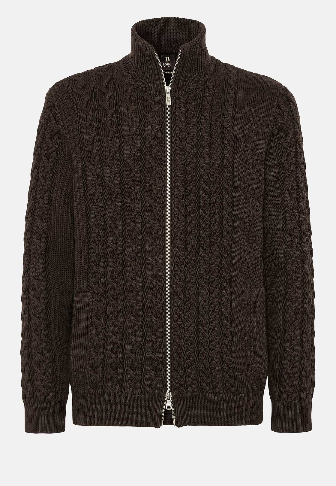 Pull Full Zip Marron Avec Mélange De Points En Laine Mérinos, Marron, hi-res