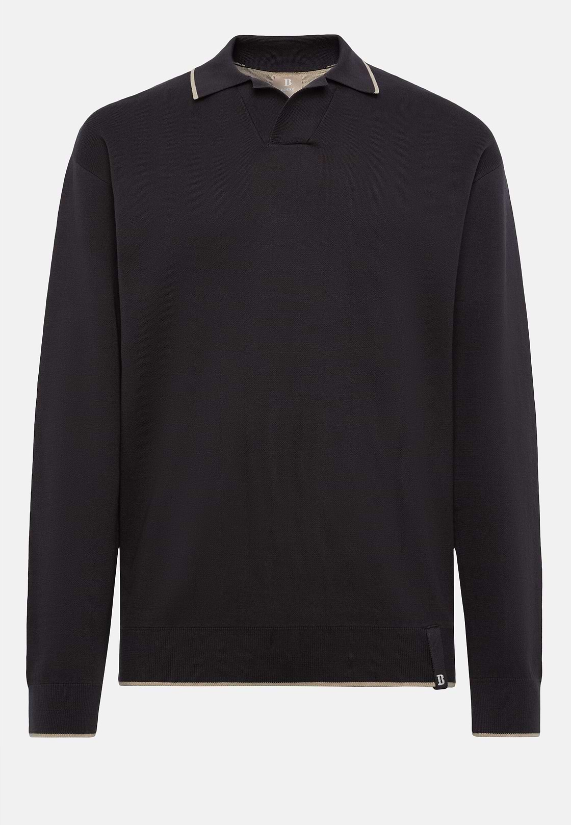 Black Cotton Open Neck Polo Jumper, Black, hi-res