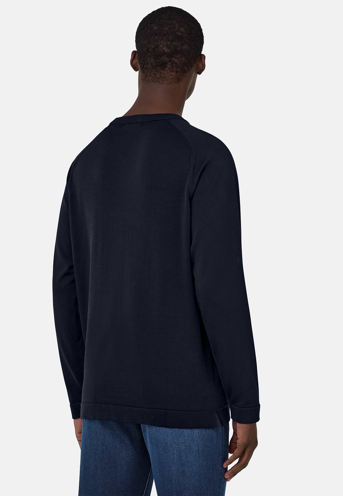 Cotton and Silk Crew Neck Jumper, Navy blue, hi-res