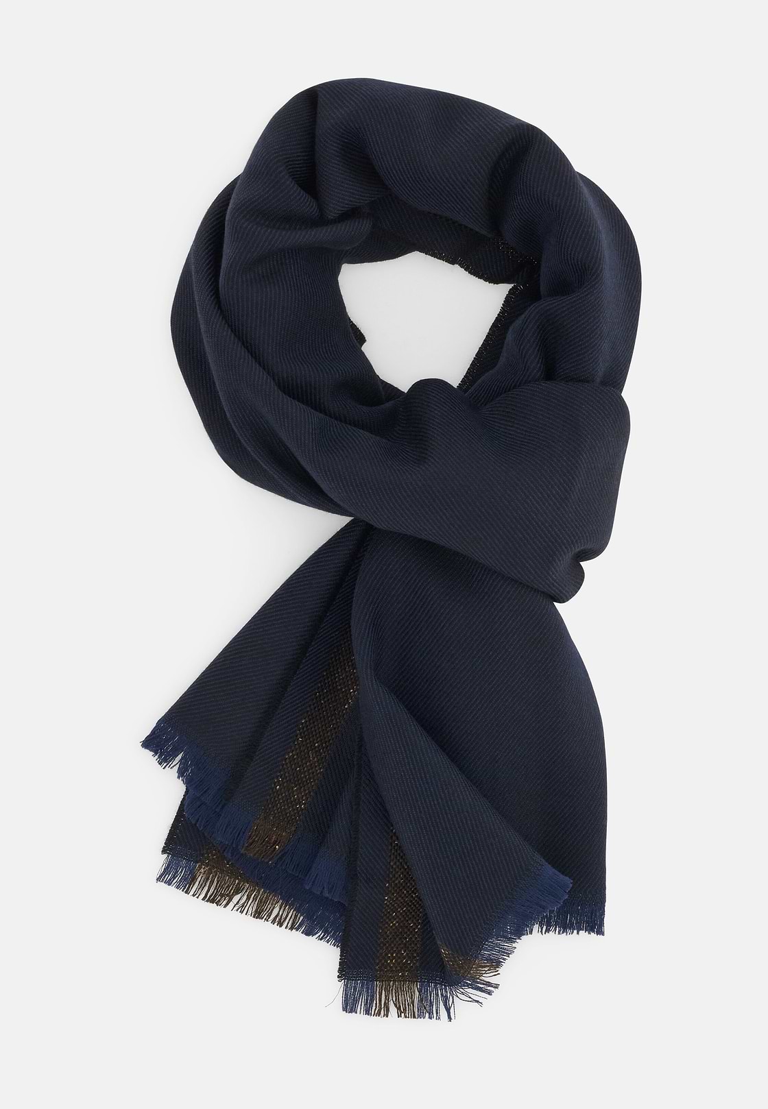 Scarf with Contrasting Stripes in Wool Blend, Navy blue, hi-res, 2