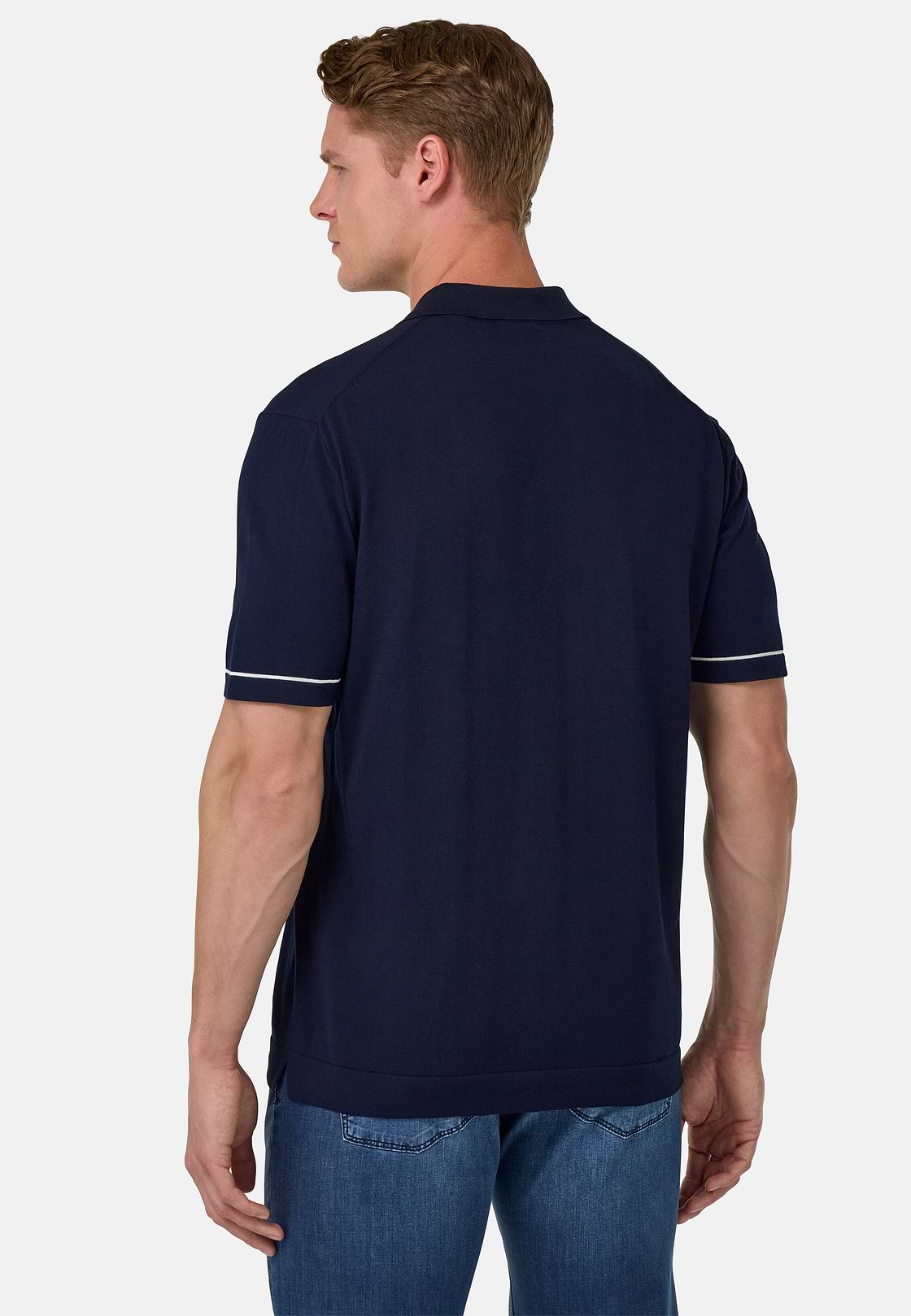 Cotton Crêpe Knit Polo Shirt, Navy blue, hi-res