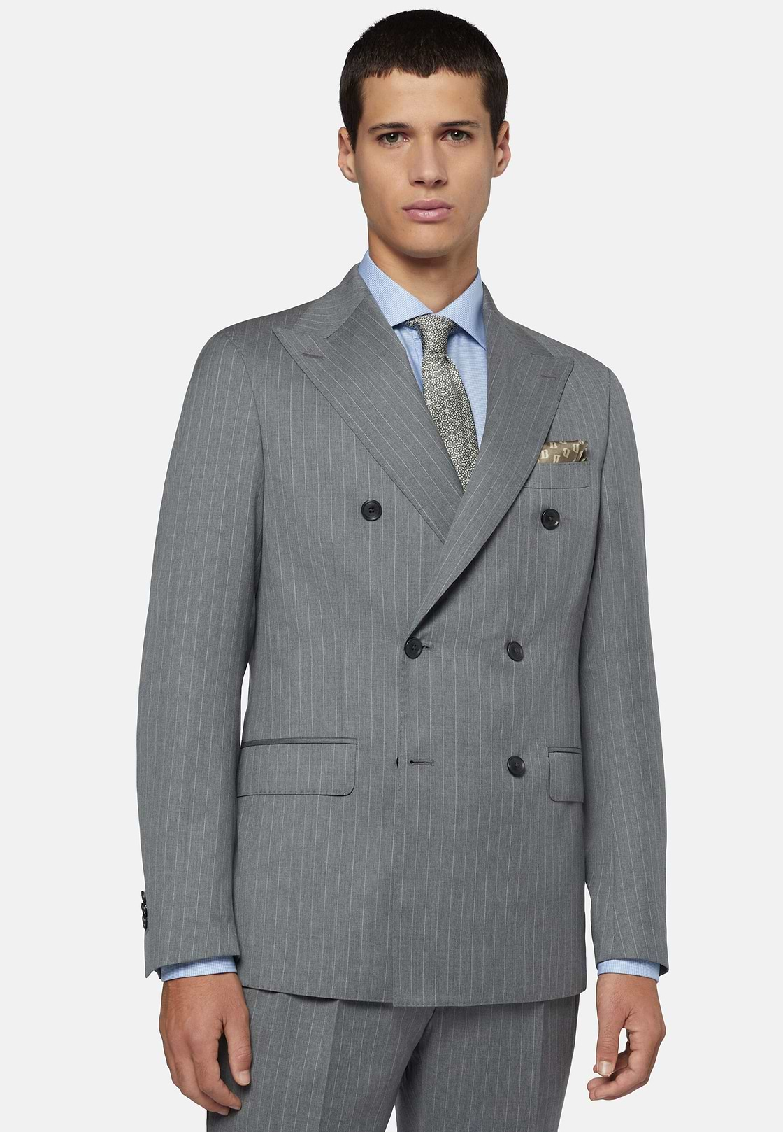 Double-Breasted Grey Pinstripe Suit In Pure Wool, Grey, hi-res