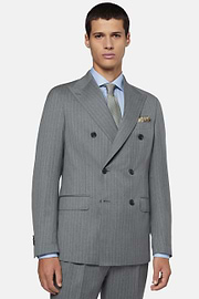 Double-Breasted Grey Pinstripe Suit In Pure Wool, Grey, hi-res