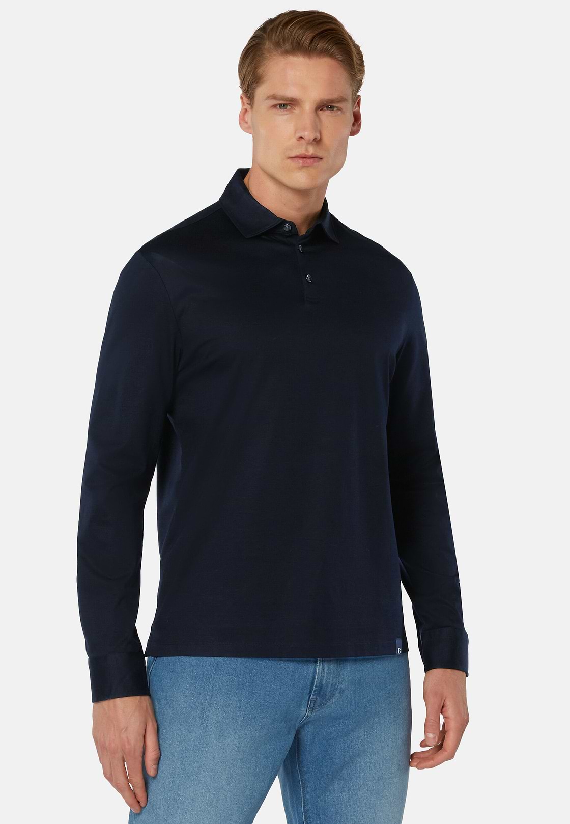 Polo In Jersey Di Cotone Pima Regular Fit Manica Lunga, Navy, hi-res