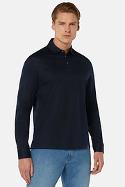 Polo In Jersey Di Cotone Pima Regular Fit Manica Lunga, Navy, hi-res