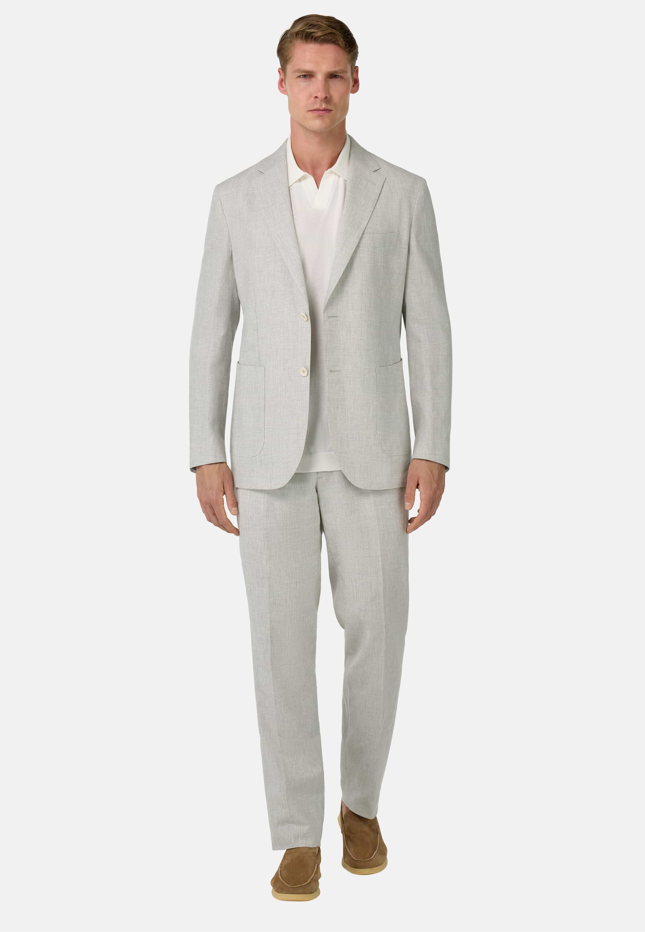 Men's Prince of Wales Check Suit in Linen and Cotton, Light grey
