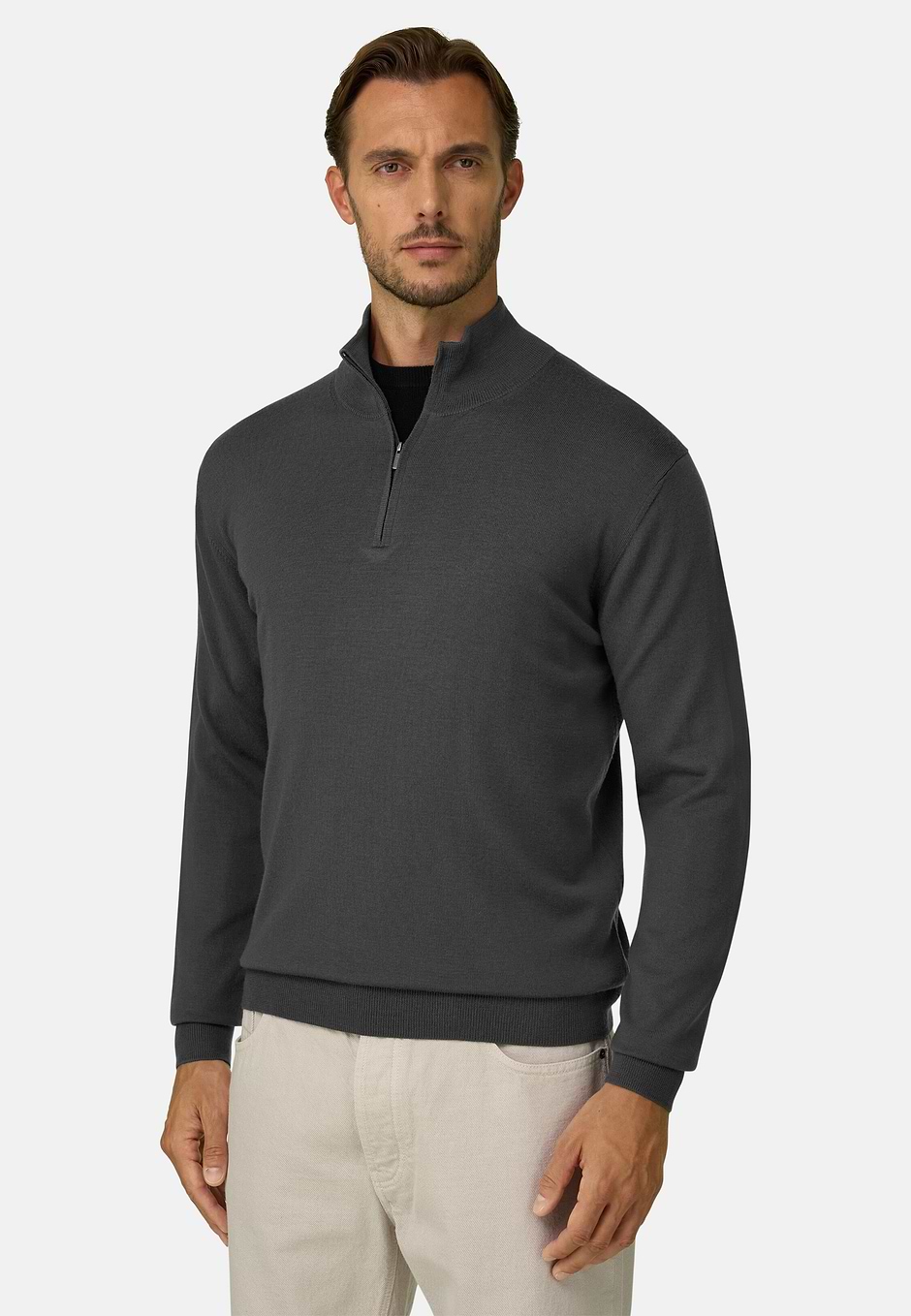 Half-Zip-Pullover aus extrafeiner Merinowolle, Militärgrün, hi-res