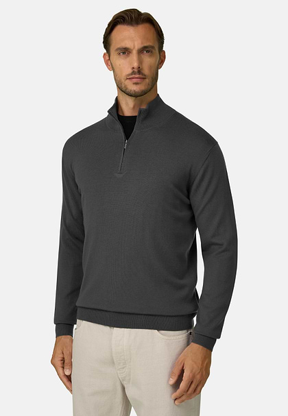 Quarter-Zip Jumper in Extrafine Merino Wool, Military Green, hi-res