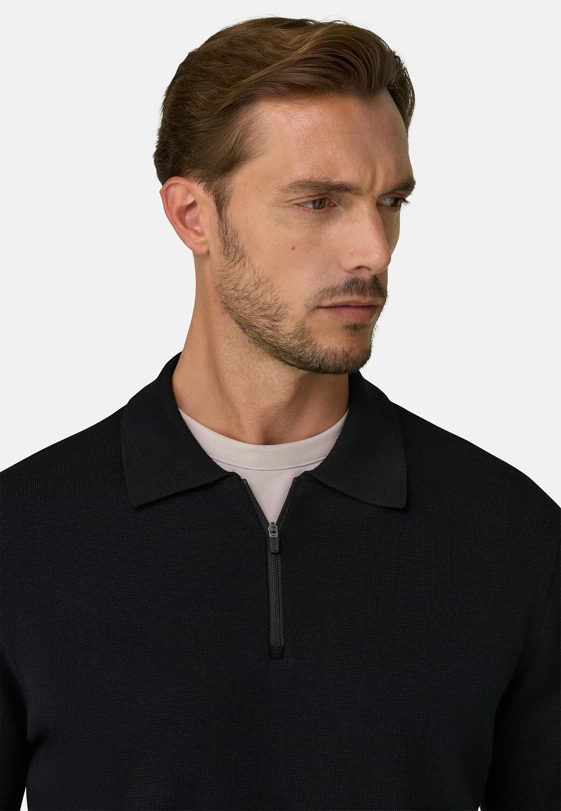 Gestricktes Polo Halber Reißverschluss Mischgewebe WOOLTECH, Schwarz, hi-res, 3