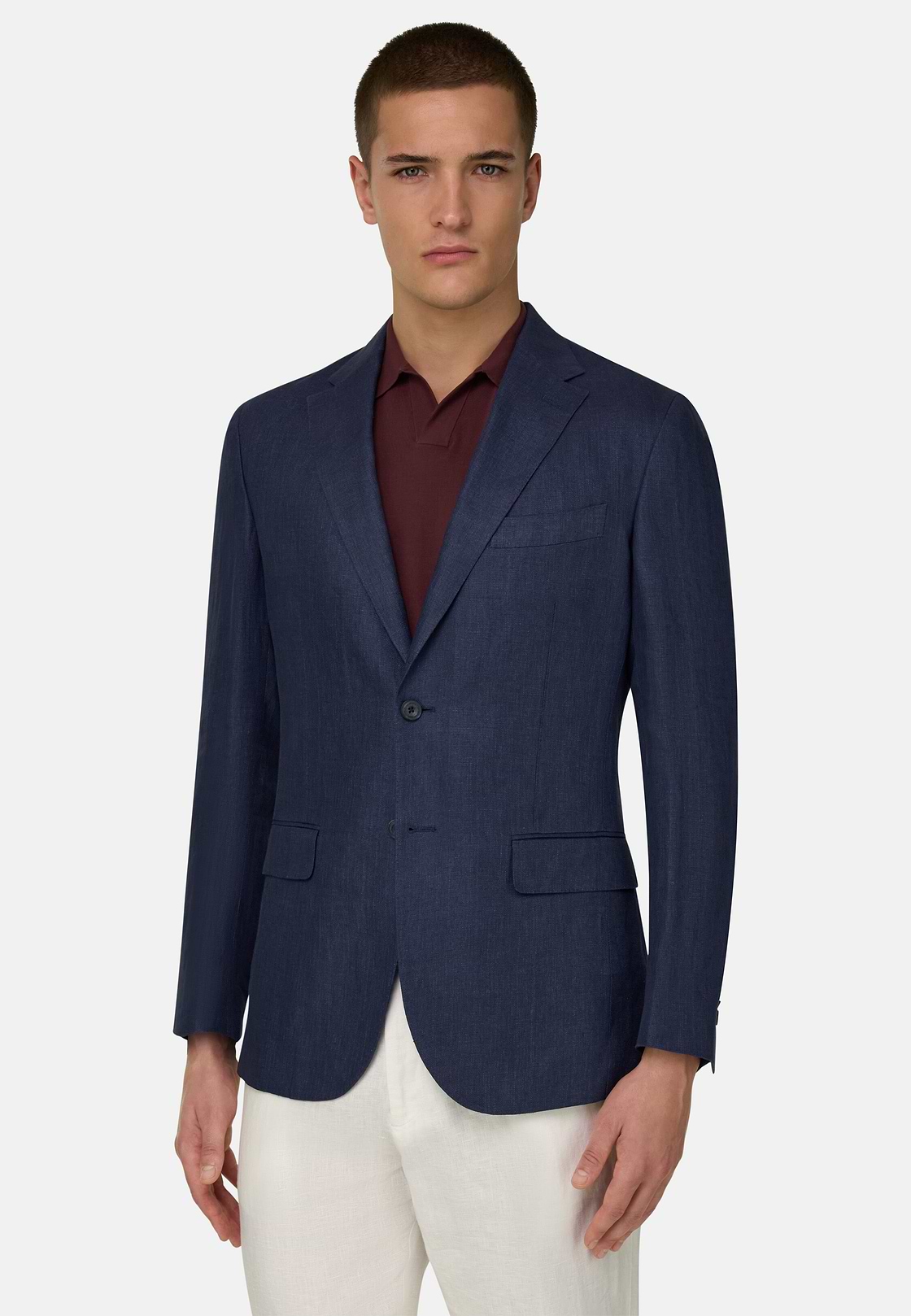 Micro Textured Jacket in Pure Linen, Blue, hi-res, 1