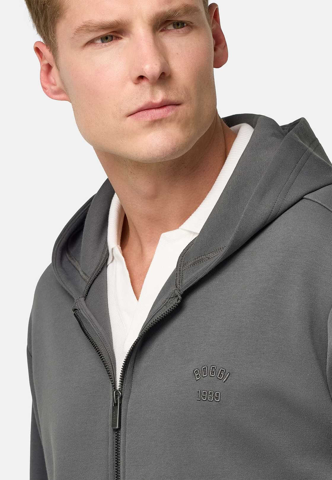Cotton Blend Full-Zip Sweatshirt, Charcoal, hi-res