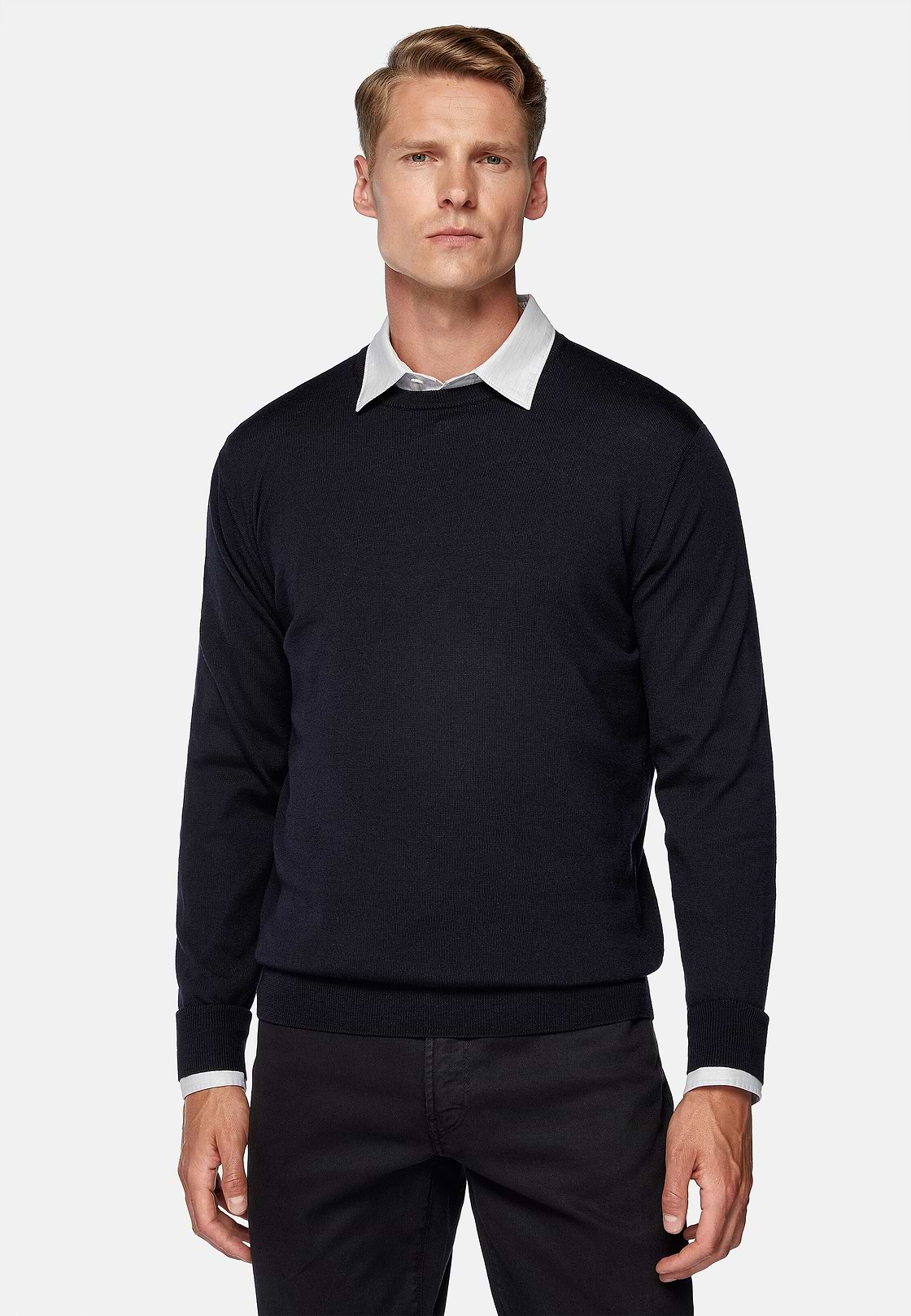 Navy Merino Wool Crew Neck Jumper, Navy blue, hi-res